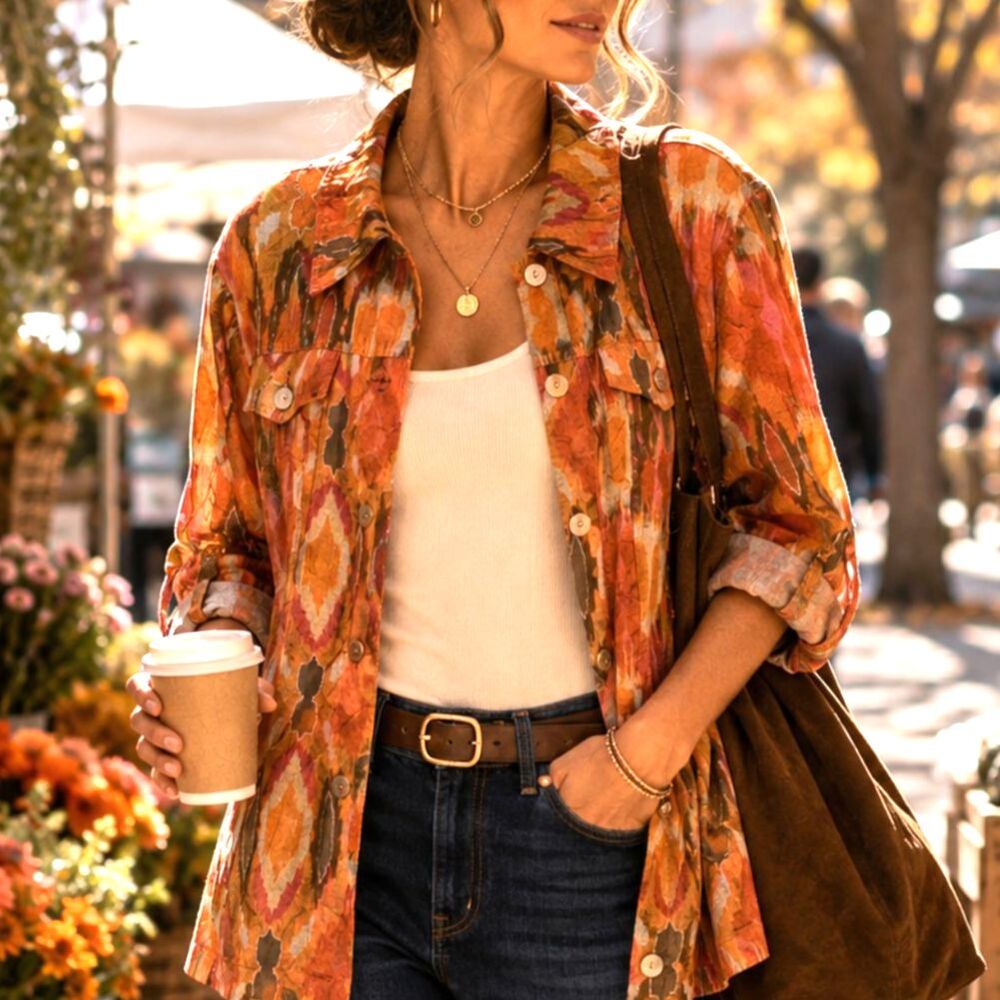 Linen Burnout Ikat Shirt Jacket Fall Boho Orange Pink